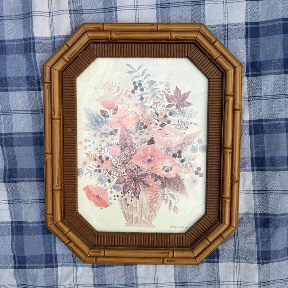 Vintage Framed Gloria Eriksen Watercolor Print Boho Bamboo Frame‎